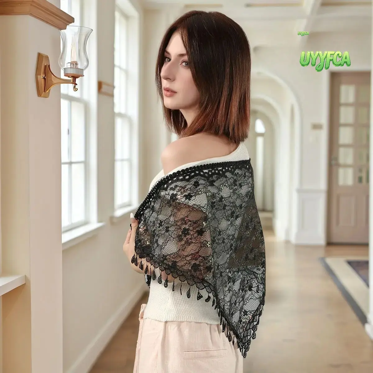 Women's Floral Lace Triangle Shawl Scarf - Sheer Lightweight Tassel Trim Head Wrap, Hollow Fashion Veil, Female Beach Accessory for Church Wedding, Women's Wardrobe Sports Outerwear Complement