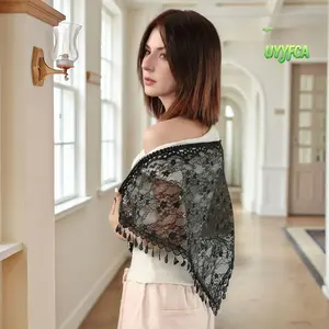 Floral Lace Triangle Shawl Scarf for Women, Sheer Lightweight Tassel Trim Head Wrap,Elegant Hollow Floral Lace Veil Multi Functional Accessory for Church Wedding Ceremony Beach Vacation Daily Casual Evening Outfit,Summervibes,Boho knotless braids