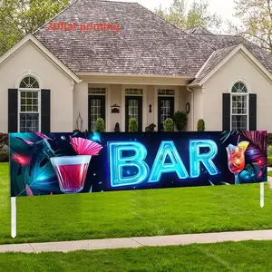 Tropical Nightclub Bar Neon Light Banner, Palm Leaf Cocktail Print Party Backdrop, Polyester Material, Multiple Sizes Available