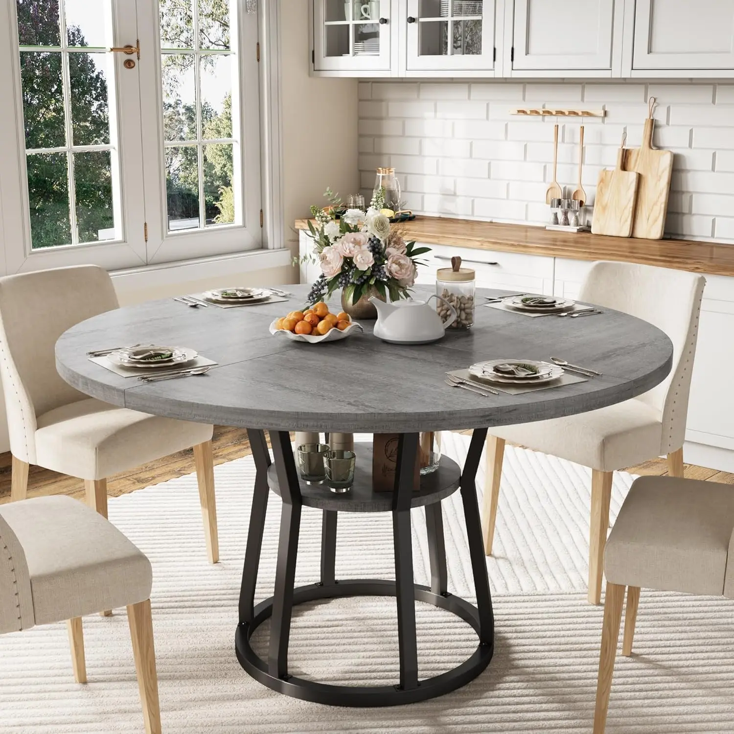Garvee Modern Farmhouse Round Dining Table for 4-6 – 47 Inch Space-Saving Kitchen & Dining Room Table with Storage Shelf – Durable Wood Top & Sturdy Metal Legs – Ideal for Home, Apartment, Office