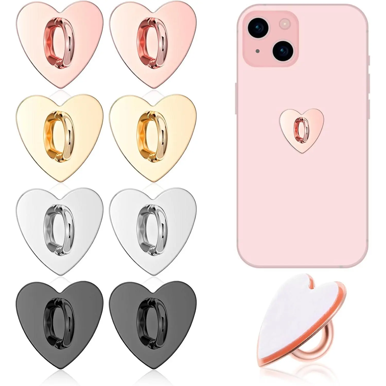 8 count Phone Charm Hook Cell Phone Ring Holder, Cute Heart Phones Charm Hooks Adhesive Smartphone Finger Ring Grip Metal Loop Stand for Cellphone Case Pad Tablet DIY , 4 Colors