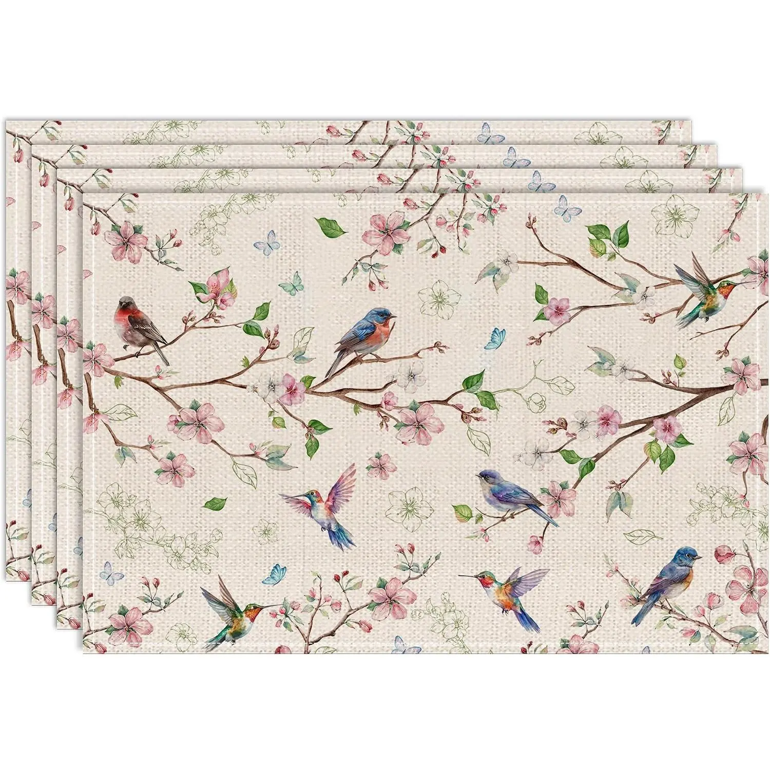 Spring Placemats Set of 4 (12x18 in) - Stylish Floral Bird Branch Easter Table Top Decor, Indoor Farmhouse Seasonal Dinning Table Mats for Party, Dinner Home Use