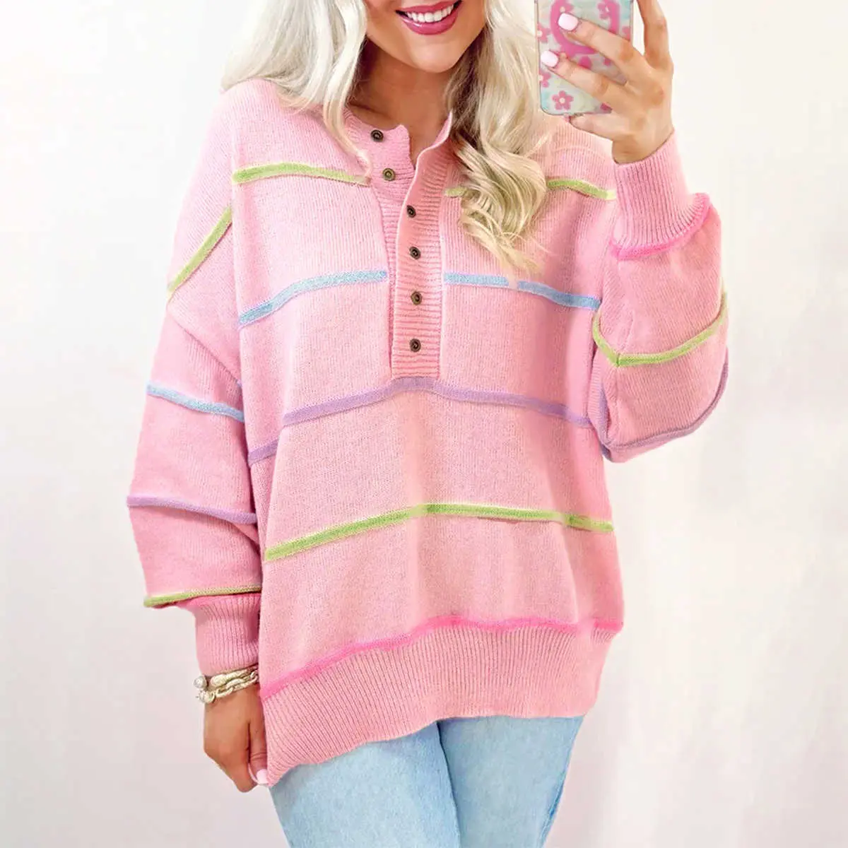 Women's Pink Rainbow Stripe Baggy Fit Long-Sleeves Button Round Neck Henley Pullover, Oversize Drop-Shoulder Knit Top