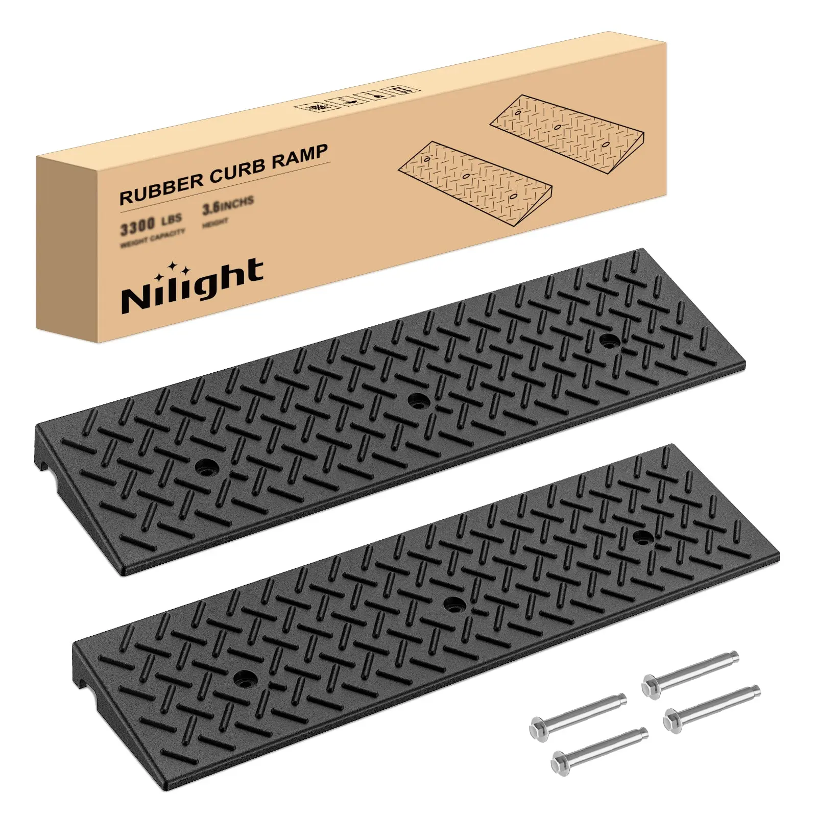 Nilight 2-Inch Rise Heavy Duty Textured Anti-Slip Surface Curb Ramps (Pair) - 6600lbs/Pair Load Capacity, Pre-Drilled, Angle Stability for Driveways, Wheelchairs, Automotive Transitions