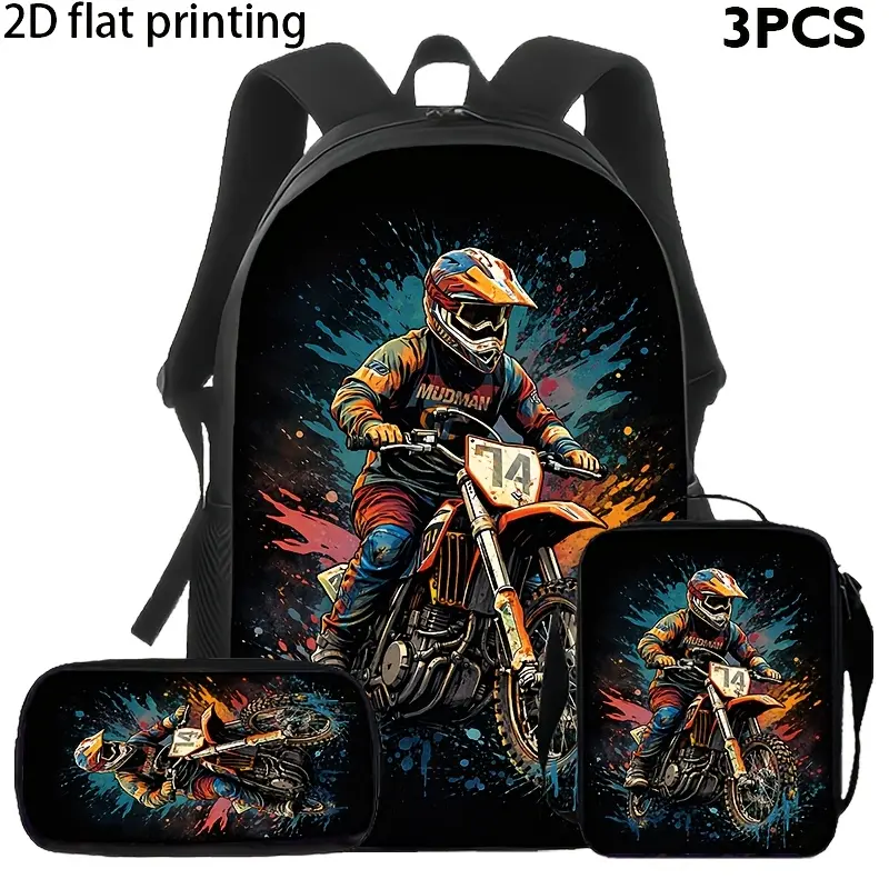 Motocross Rider 3-Piece Backpack Set, Dirt Bike School Bookbag with Matching Lunch Bag and Pencil Case, Racing Backpack for Boys Girls Teens, MX Rider Gift, School Travel Adventure Daypack