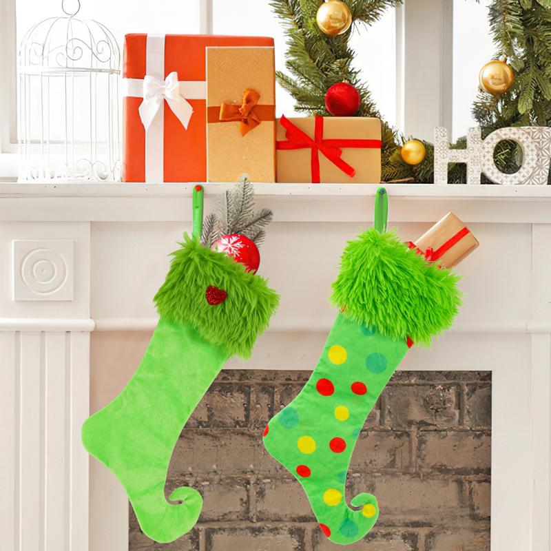 In-Stock Grinch Christmas Green Plush Stockings - Window Hanging Ornaments for Home Decoration