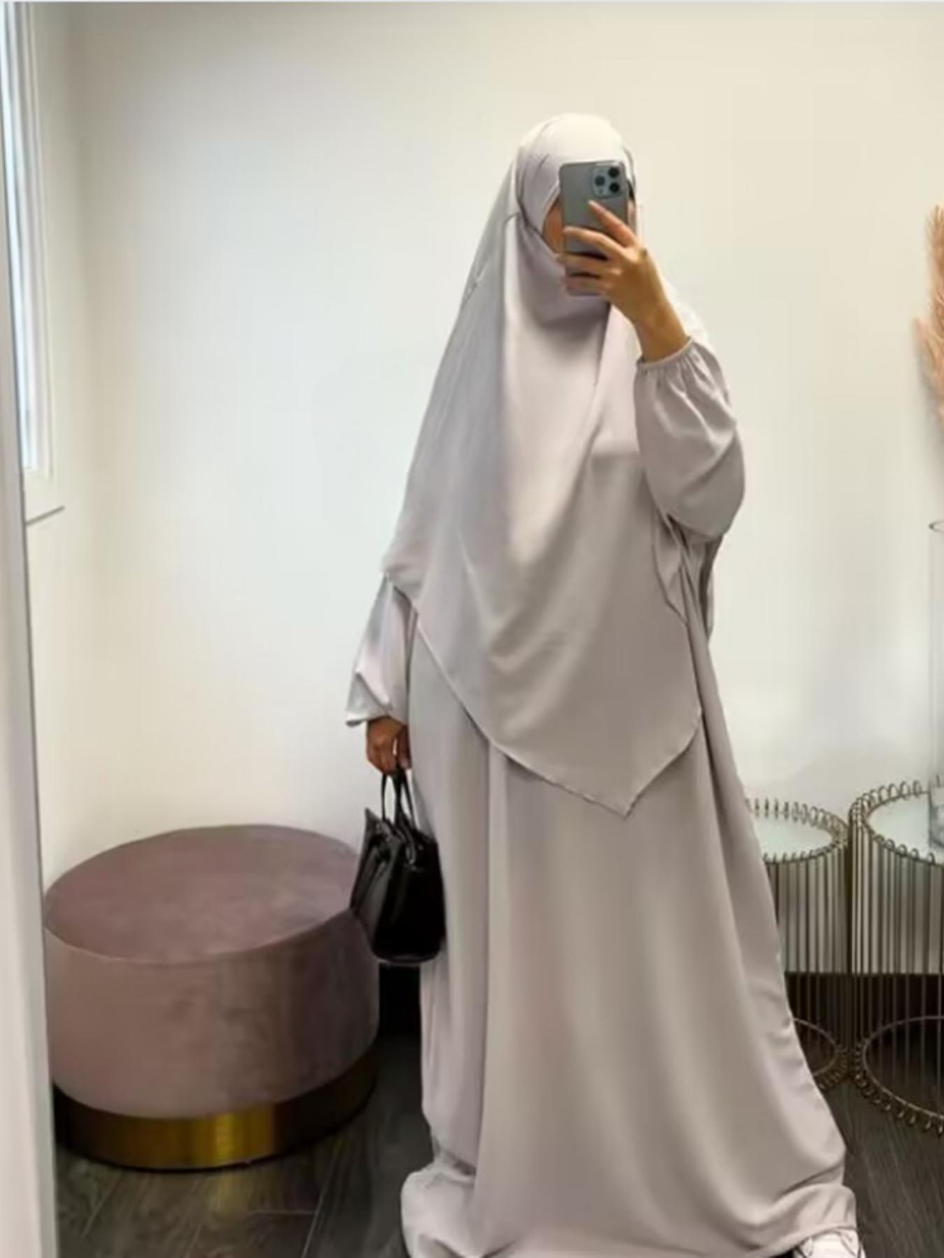 Women's Solid Long Sleeve & Abaya Hijab Set Casual Two-piece Islamic Clothing for Daily Wear, Ladies Islamic Clothing for All Seasons