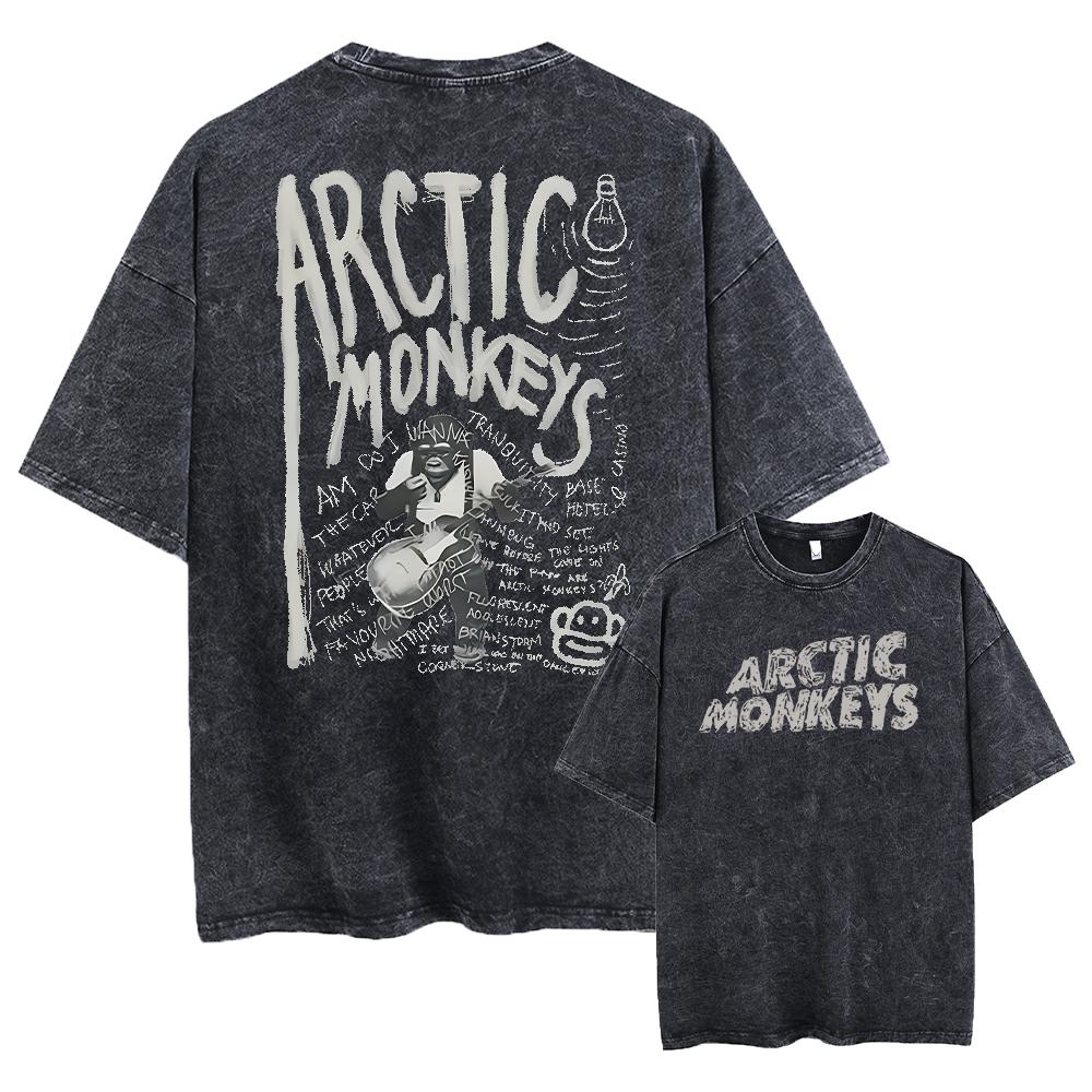 180g[100%cotton]Retro Rock Arctic Monkeys Music Album Graphic T-Shrit Men's Vintage Washed Oversized Short Sleeve T Shirt Y2k Hip Hop Streetwear