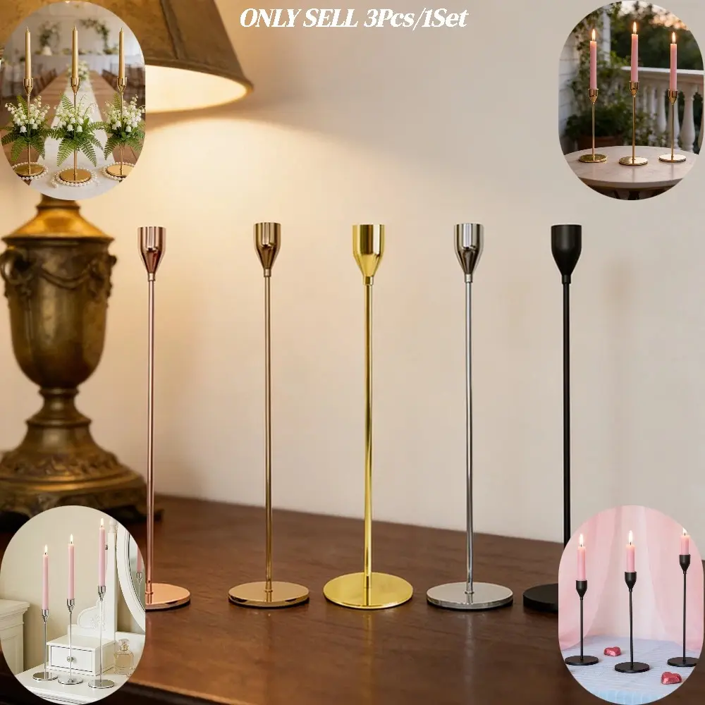 Set of 3 Iron Candlesticks with Mixed Heights, Table Decor for Candlelight Dinner, Table Centerpieces for Church Wedding, Candlestick Props for Bridal Photoshoot, Decor Candlesticks for Romantic Home Scenes for Couples