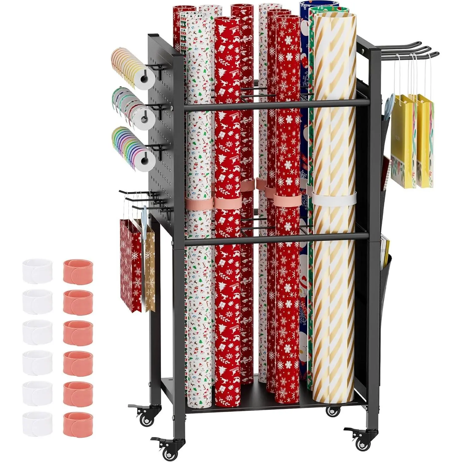 Wrapping Paper Storage Organizer with Wheels & Bag Storage, Black | Gift Wrap Storage Station with Ribbon and Gift Bag Storage, Rolling Craft Storage Cart with 12PCS Slap Bands, Christmas Decor