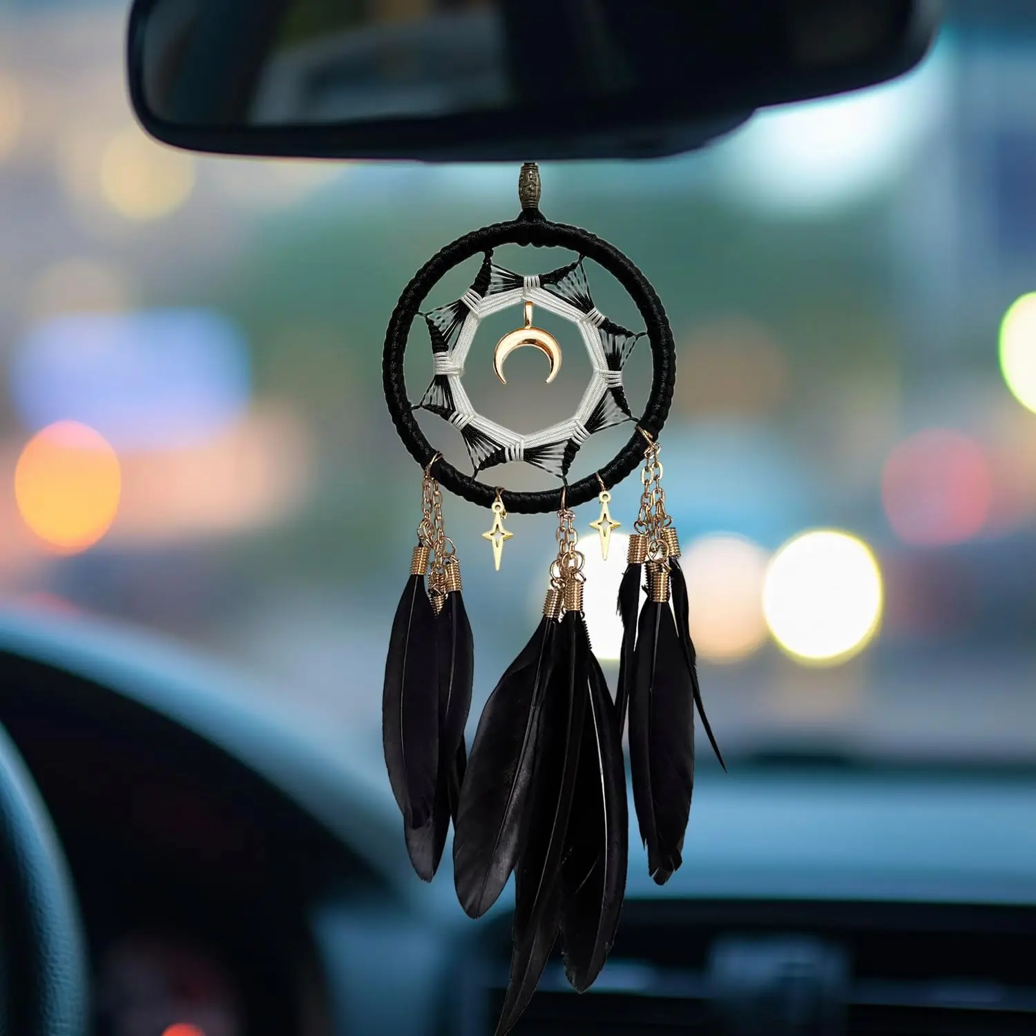 Dream Catchers for  Small Moon Dreamcatcher Rear View Mirror  Decor  Charms Pendant  for Adults Black