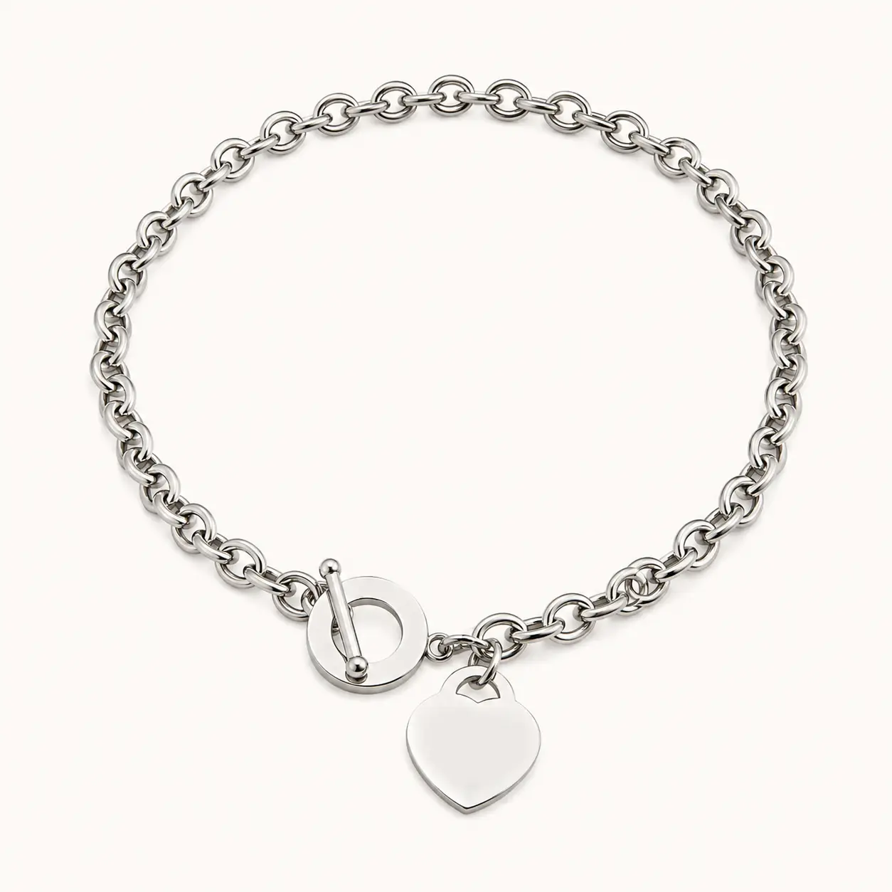Women's Chunky Heart Charm Necklace - Solid Titanium Steel Toggle Clasp Chain, Smooth Metal Design, Daily Fashion Jewelry Gift, Heart Necklace, Chunky Heart Charm Necklaces