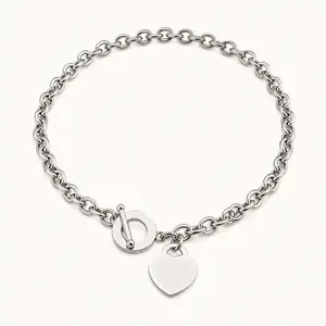 Chunky Heart Pendant Necklace for Women, Titanium Steel Toggle Clasp Chain Necklace, Daily Jewelry Gift