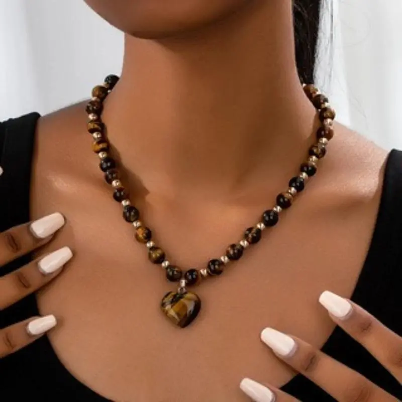 Bohemian Vintage Round Bead Heart Pendant Necklace, Women's Niche Ethnic Style Holiday Jewelry Accessories Gift