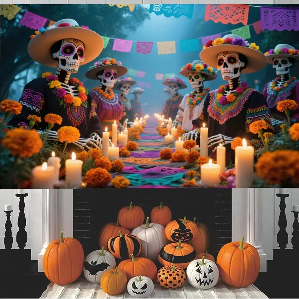 Mexican Day of the Dead colorful skeleton themed background banner, made of polyester material, suitable for indoor/outdoor/garden decoration, room decoration, Halloween decoration, home decoration, Halloween decoration, bedroom decoration