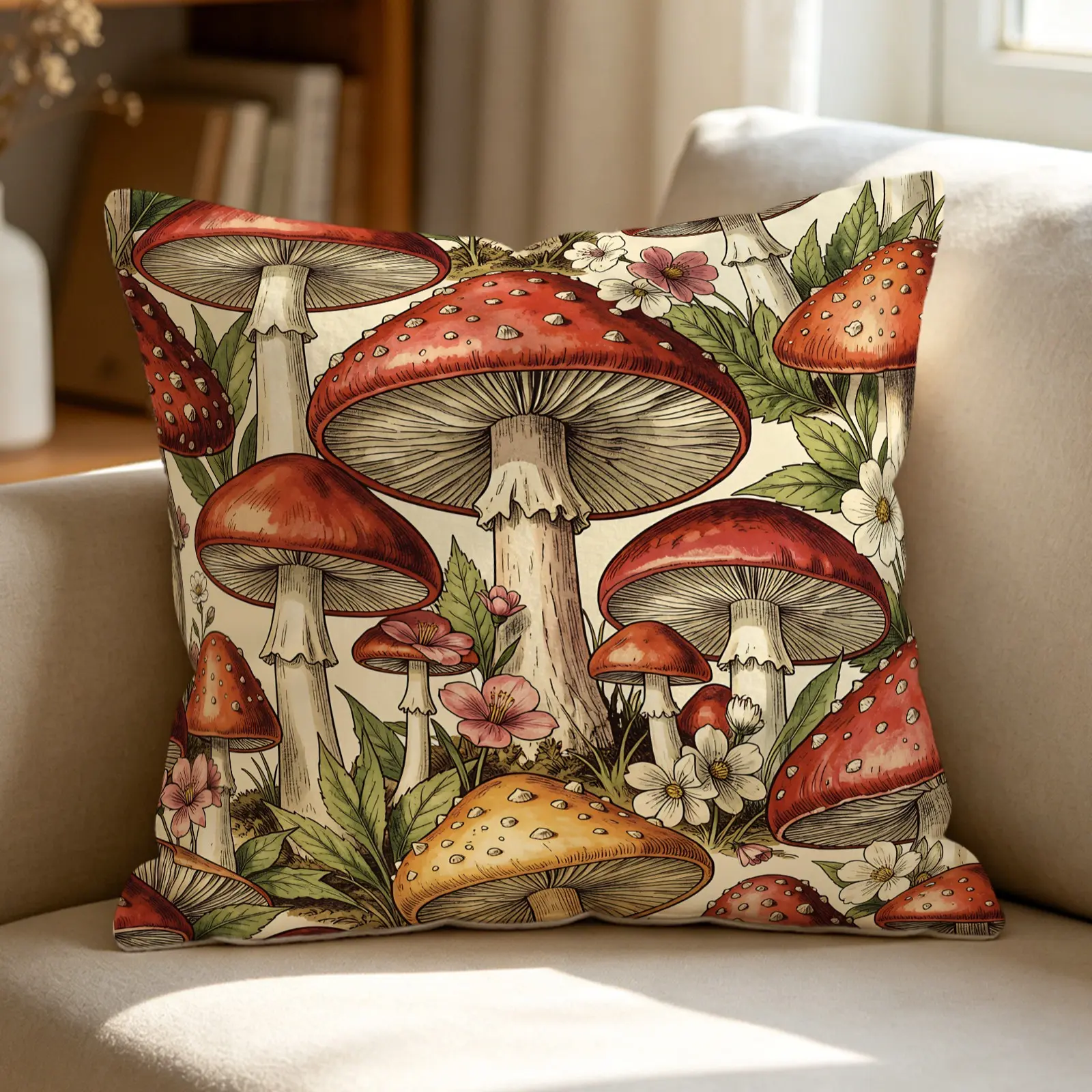 1pcs Vintage Woodland Mushroom Floral POD Digital Print Throw Pillow, Soft Decor Accent Cushion, Includes Pillow Core, Botanical Retro Amanita Toadstool Floral Pattern Square Decorative Pillow for Sofa Couch Bed Farmhouse Cottage Home Decor