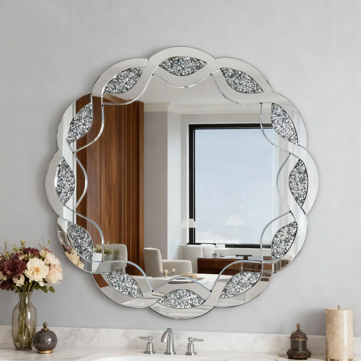 Silver Round Scalloped Crystal Woven Frame Wall Mirror, 31.5" Durable Heavy-Duty Frame with Hangers, Elegant Wave & Diamond-Cut Artistic Design for Decoration, Amplifies Light and Space (Vanity, Bathroom)