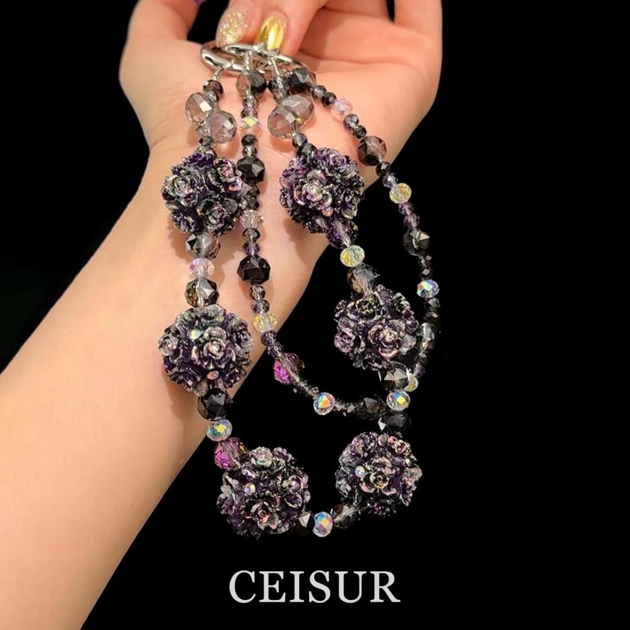 Mobile phone lanyard, luminous color-changing flower ball strap, bag crystal pendant, personalized and stylish car accessory