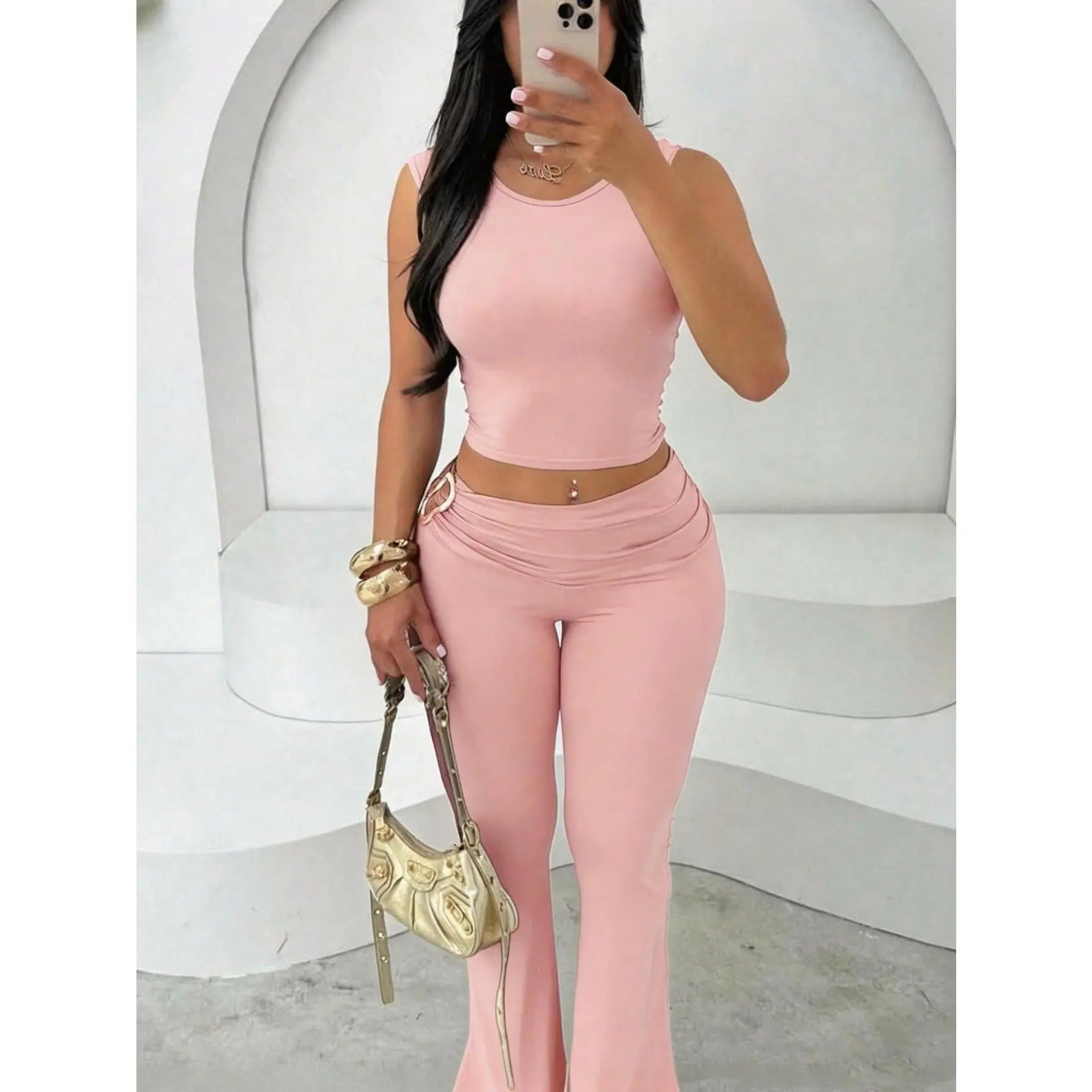 Women's 2 Piece Outfits Sleeveless Crop Top High Waist Bodycon Long Pants Sexy Matching Sets Club Streetwear