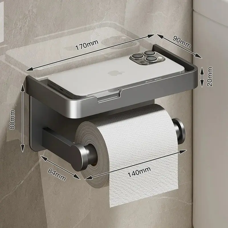 Aluminum Alloy Toilet Paper Towel Holder, Wall Mount WC Paper Phone Holder Shelf Towel Roll Shelf Accessories Easy Installation, Space-Saving Solution, Tissue Holder