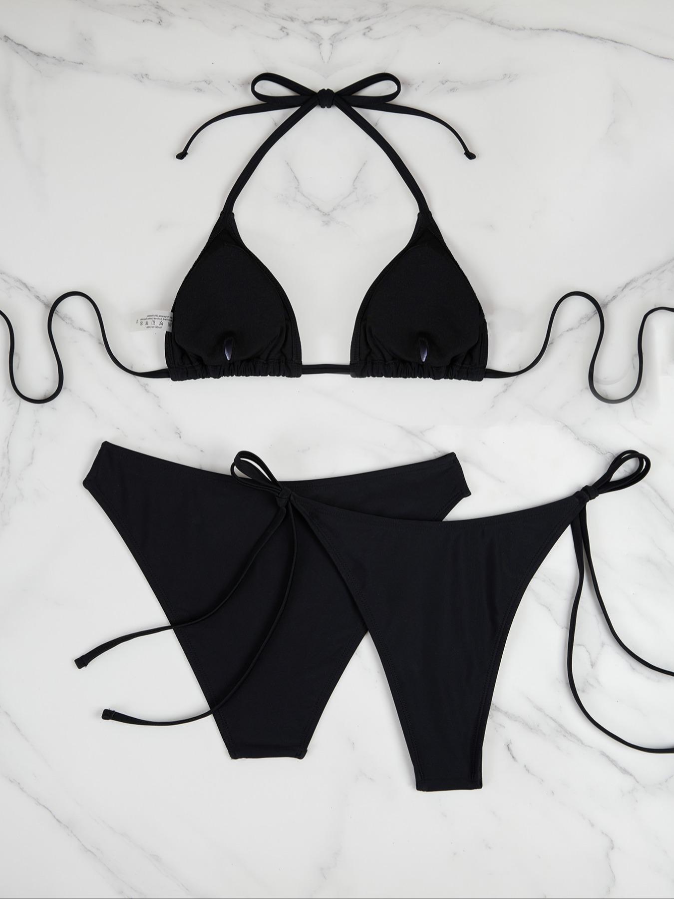 Three-Piece Set Women's Sexy Chic Plain Halter Bikinis Set, Tie Back Triangle Bikini Top & High Cut Bikini Panty & Tie Side Swim Bottom, Summer Swimsuit Sets, Swimsuit Style Bikini, Bathing Suits Women