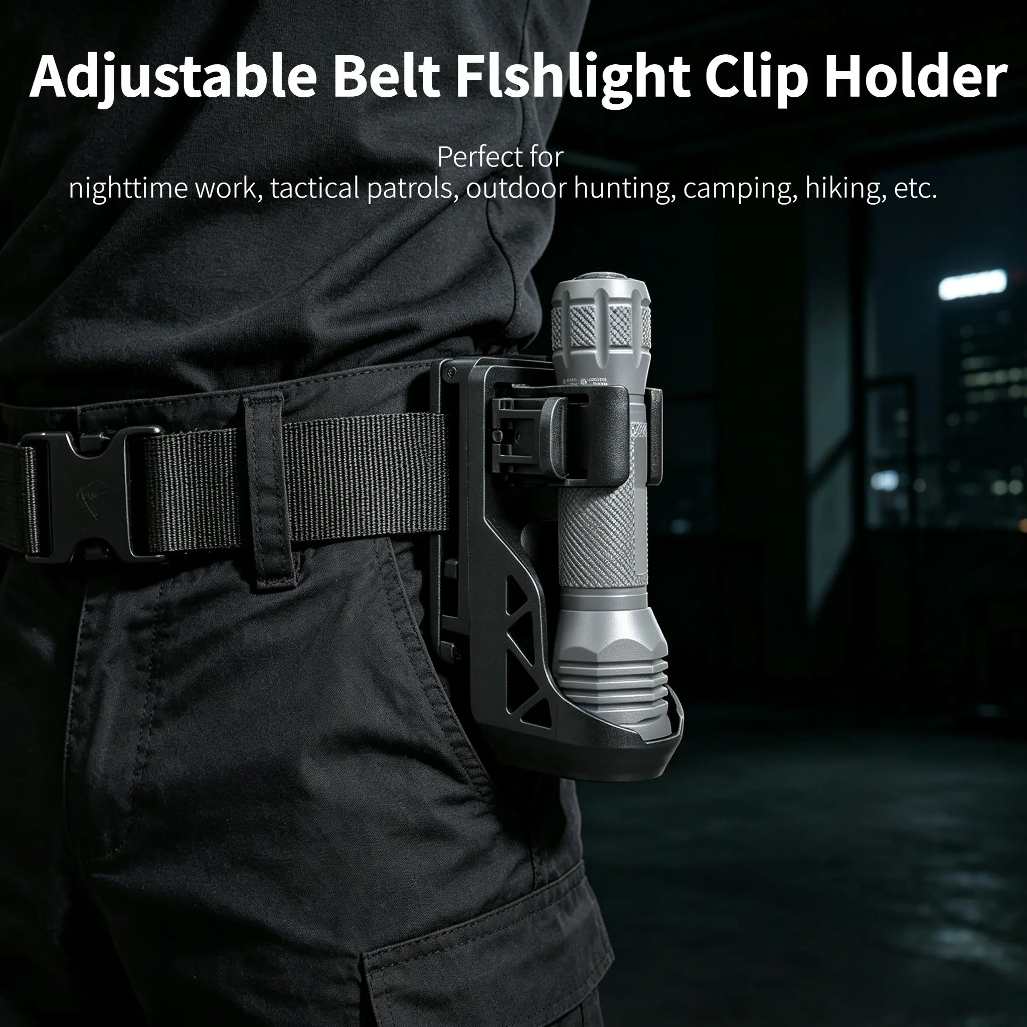 360° Rotating Quick-Release Flashlight Holder with Belt Clip, Fits Belts Up to 5.6cm Wide, Side Lock System with 2-Level Width Adjustment, for Flashlights 2.54-3.2cm Diameter (Light Not Included), 1 Piece