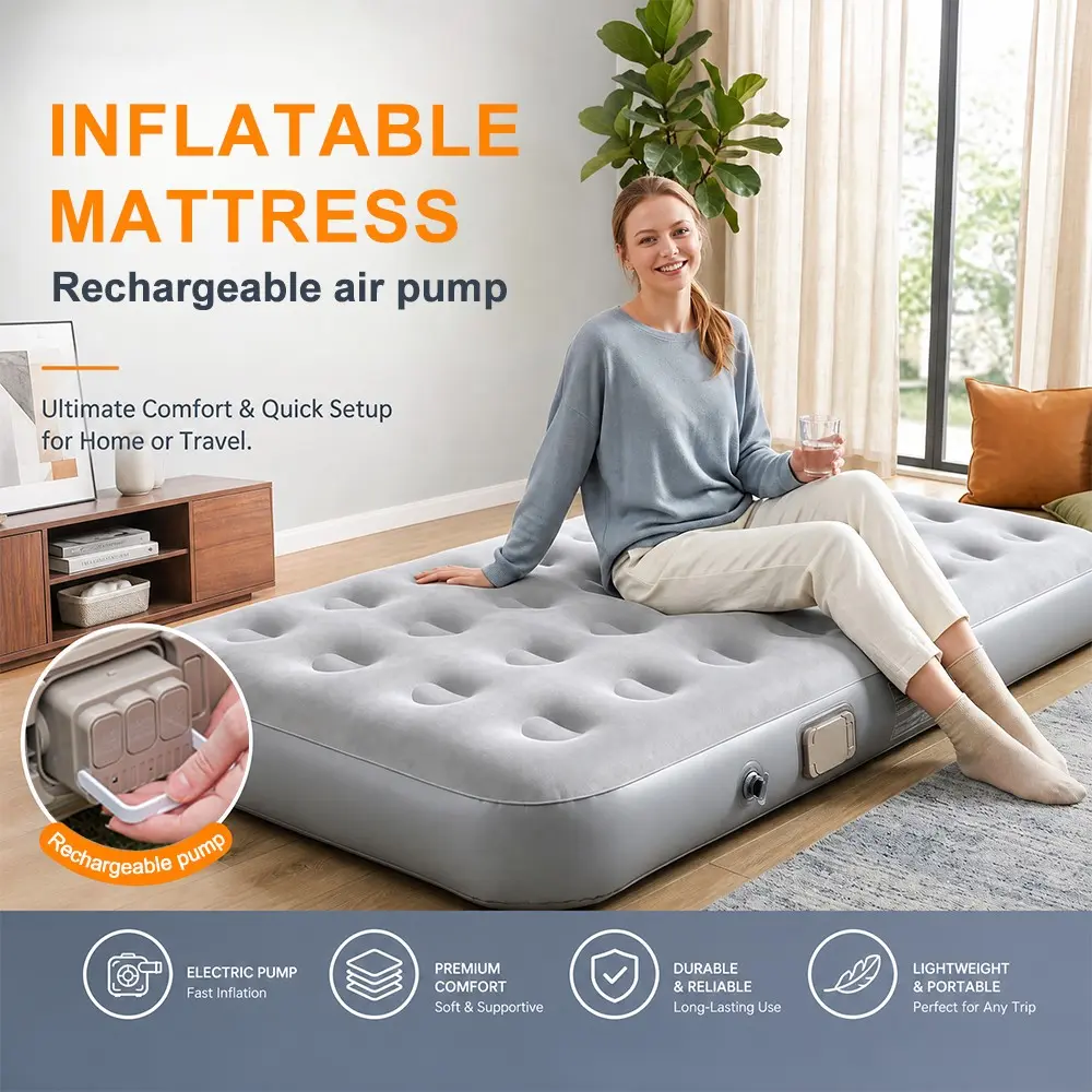 Single Person Portable Inflatable Mattress with Rechargeable Pump, PVC Material, Comfortable Velvet Surface, Ideal for Indoor and Outdoor Use