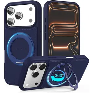 iPhone 17 Pro Max Phone Case [360 °   Rotatable Stand][17FT Military-Grade Drop Protection][Premium PU Leather] Tactile Clicking Sound Slim Magnetic Kickstand iPhone Cover, Blue