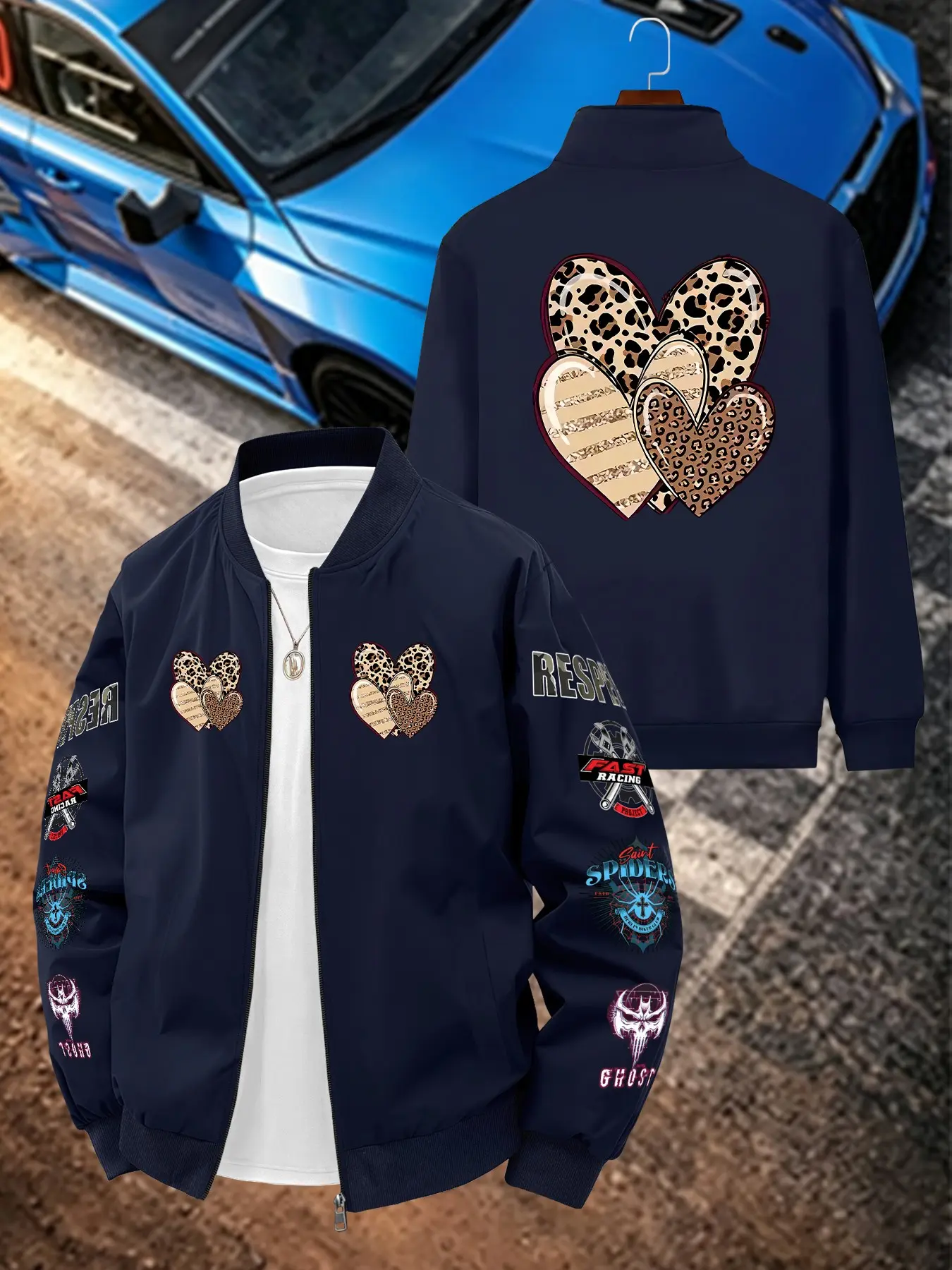 Vintage Leopard Print Heart Pattern Men's Casual Jacket, Long Sleeve Slim Fit, All Seasons, Geometric Design