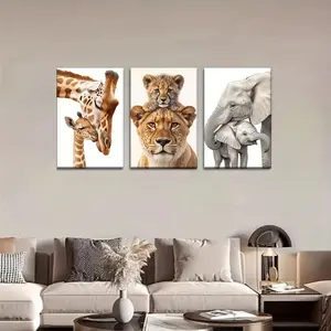 3 Pieces Animals with Cubs Lion Elephant Koala Panda Owl Fox Art, Warm Parent-Child Wall Mural, Cute Nature Home Decor, Kids Gallery Art, Soft Tone Painting, Graphic Prints, Wall Decor for Kids Room and Bedroom, Framed or Unframed.