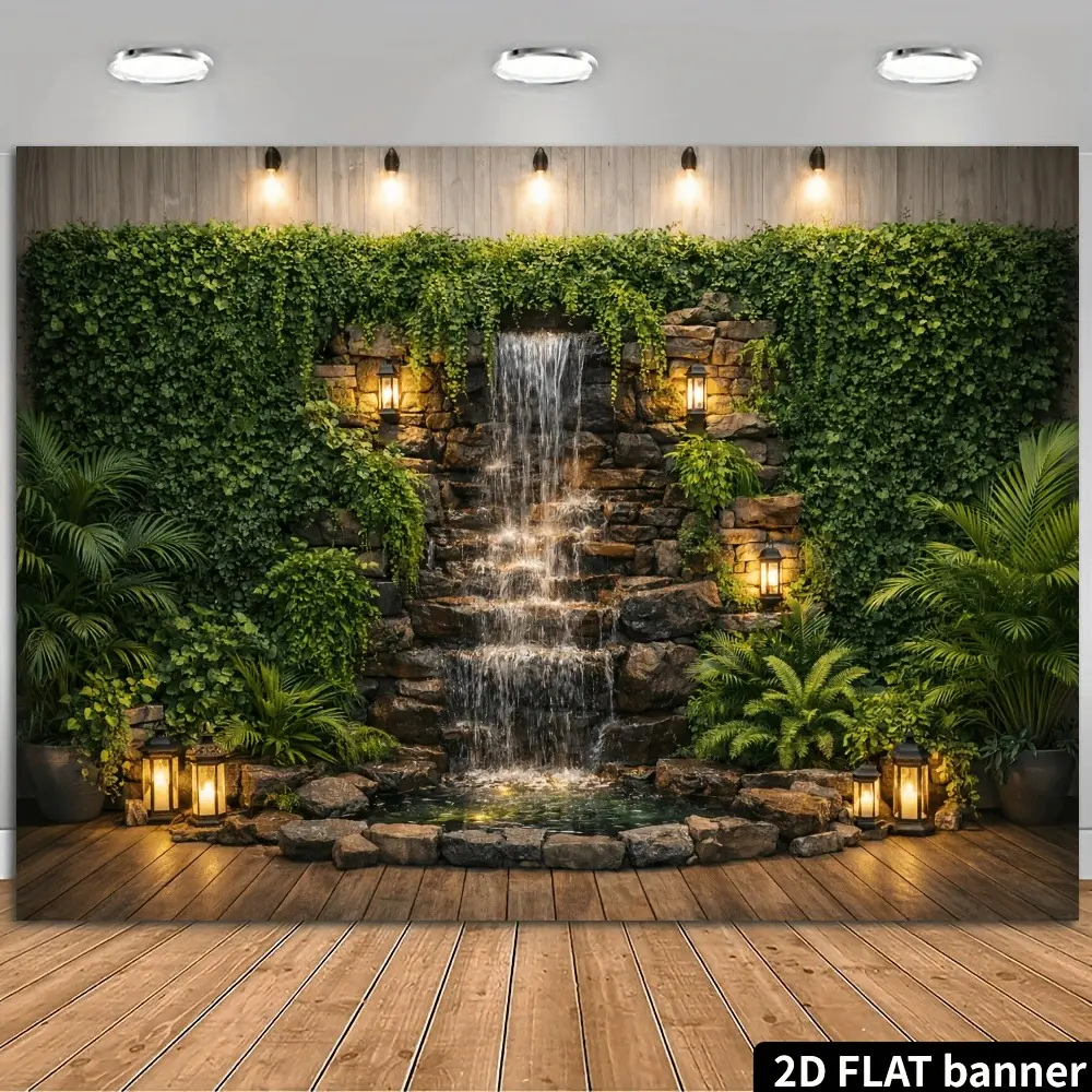 2D Flat Courtyard Waterfall Banner | Tropical Garden Patio Landscape Backdrop with Greenery & Vintage Lanterns | Single-Sided Polyester | Metal Grommets for Easy Hanging | Perfect for Home Decor, Garden Parties, Outdoor Events & Photo Backgrounds