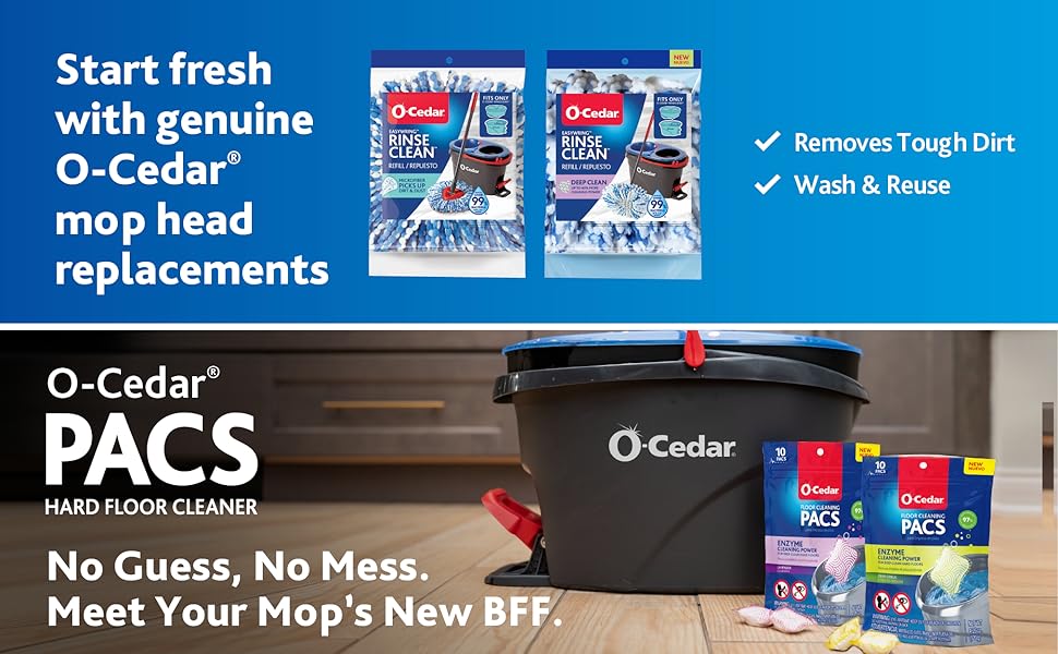 O-Cedar RinseClean Spin Mop & Bucket System + 2 Extra Mop Heads| Clean with Clean Water | Removes 99% of Bacteria