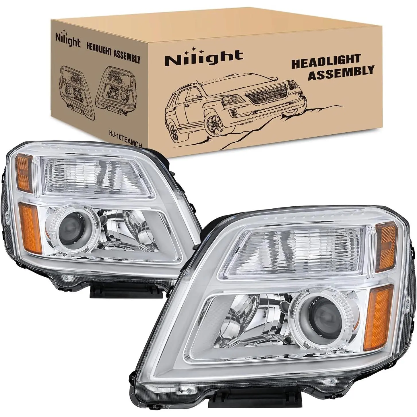 Nilight Headlight Assembly Compatible with 2010 2011 2012 2013 2014 2015 GMC Terrain Halogen Projector OE Style Replacement Headlights Chrome Housing Amber Reflector Headlamp Passenger and Driver Side