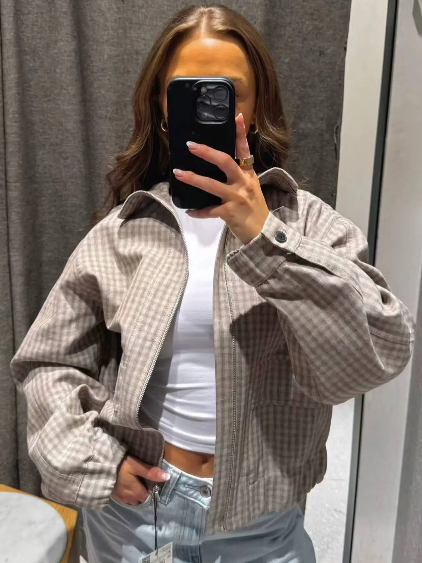 Plaid Cropped Jacket Women's Bomber Jacket Autumn 2026 Casual Loose Zip-Up Long Sleeve Tops For Women Fashion Oversized High Neck Coat Streetwear Baseball Outerwears Plaid Checked Outerwear Minimalist Office Pilot Jacket