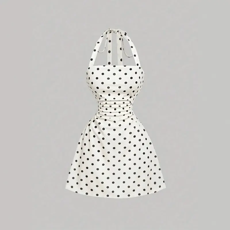 Women's Solid Prints Strapless Pleated Tie-Back Loose Fit Polyester Blend Sleeveless A-Line Short Dress, Short Skirt Casual Style, Sleeveless Shirt