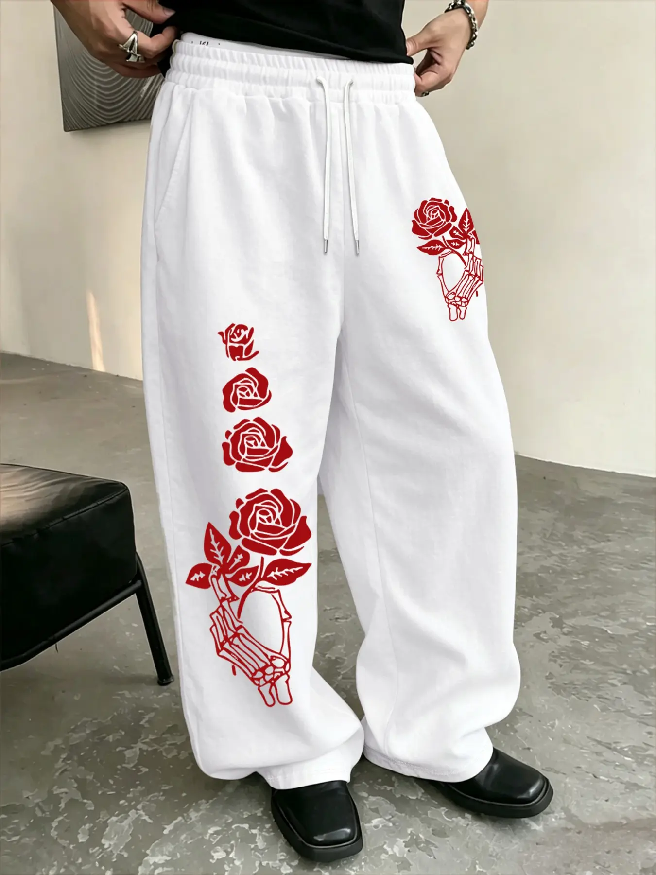 Asymmetrical Rose Print Sports Pants, Soft Breathable Loose Fit, Versatile Wide Leg Casual Sweatpants, Ideal for Outdoor Activities and Daily Wear