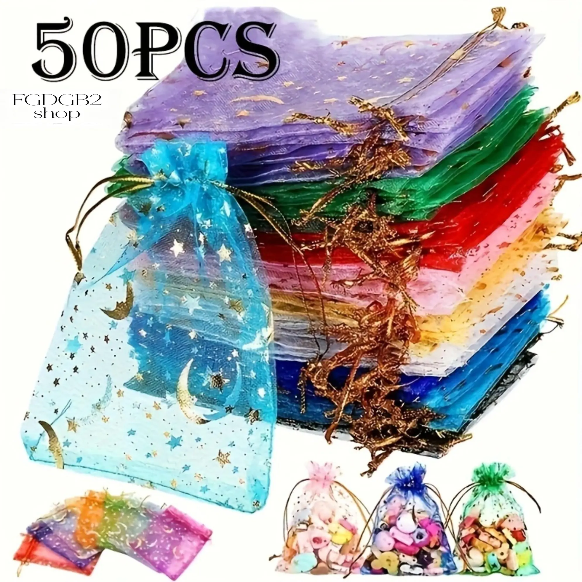 50PCS Moon & Star Organza Drawstring  Bags, Mixed Color Mesh Candy Pouches, Small Party Favor Bags for Jewelry, Treats, Wedding, Birthday, Christmas & Holiday  Packaging punk ring couple stud earring geometric trendy shoulder zirconia wife woman halo