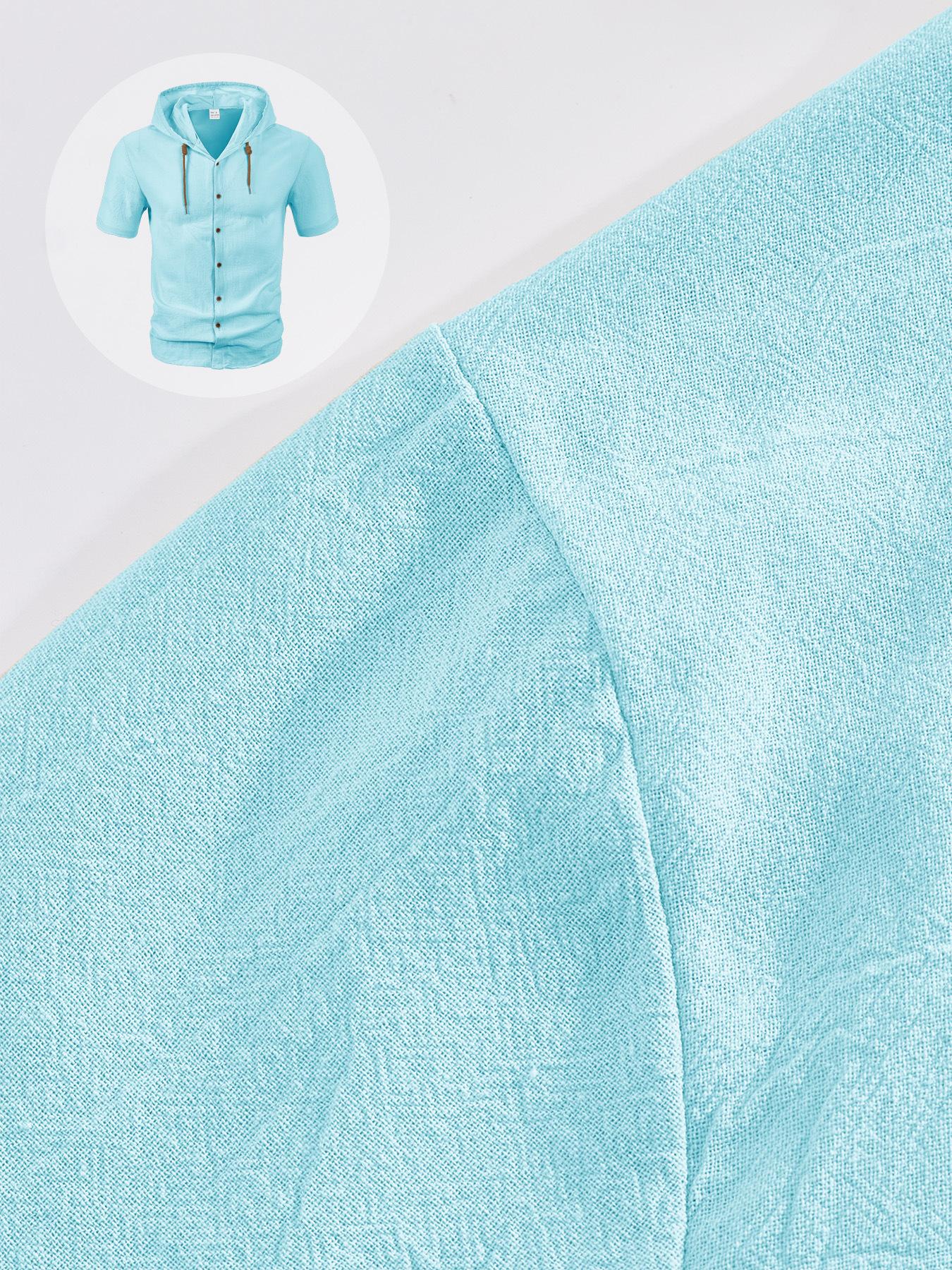 American-style Summer Lightweight Breathable Linen Amekaji Loose-fitting Hooded Men's Short-sleeve Shirt 95% Linen 5% Polyester Casual Menswear