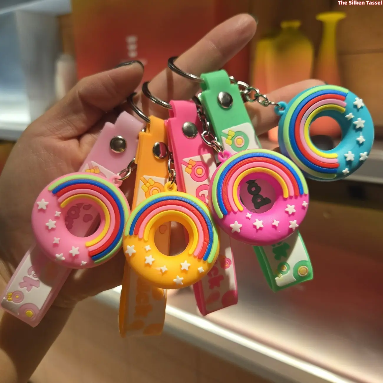 2-Pack Cute Rainbow Donut Bag Charms, Rose Red 3D Silicone Keychains with Printed Lanyard for Girls, Sweet Dessert Backpack Accessories, Bag Charm, Mini Accessories For Your Purse, Girly Purse Accessories