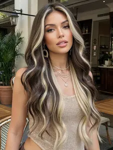MIXPOP 30 Inch Long Wavy Balayage Wig for Women, Dark Brown Ombre Platinum Blonde Highlight Synthetic Wig, Natural Middle Part Heat Resistant Hair Wig with Money Piece for Daily Use Party Cosplay