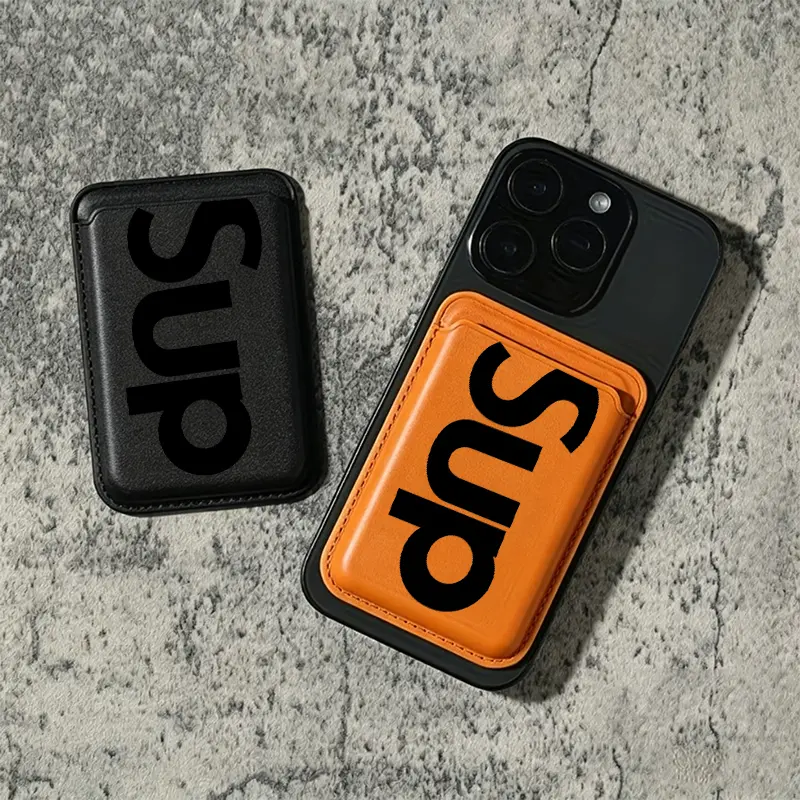Sup letter-shaped magnetic card holder for iPhone 17/16/15/14/13/12 - Strong magnetic polyurethane leather card holder (can hold 2 cards), comes with a free metal ring adapter - compatible with Samsung/Google/Motorola devices