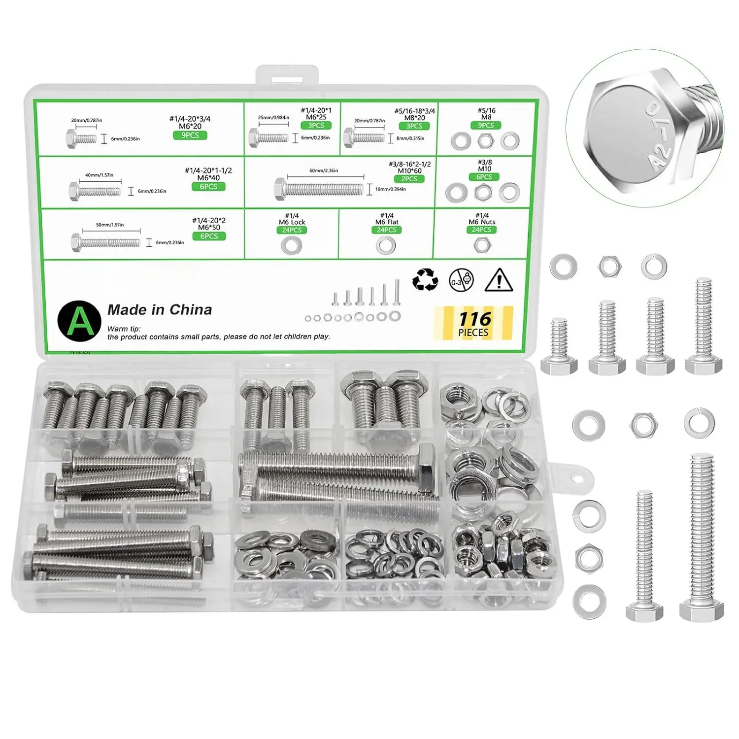 116 count M6 M8 M10 Screw Set Metric Bolt  304 Stainless Steel Nuts and  Set Flat & Spring Washers Hex  Cap Screws  and Nuts Kit Includes 6 Common Sizes Fully Thread