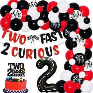 1Set Racing Car 2anniversary Birthday Decorations for Boys Red Black Race Flag Wheel Tire Balloon Garland Arch Kit with TWO FAST 2 CURIOUS Banner and Cake Topper for Kids Birthday Party Supplies