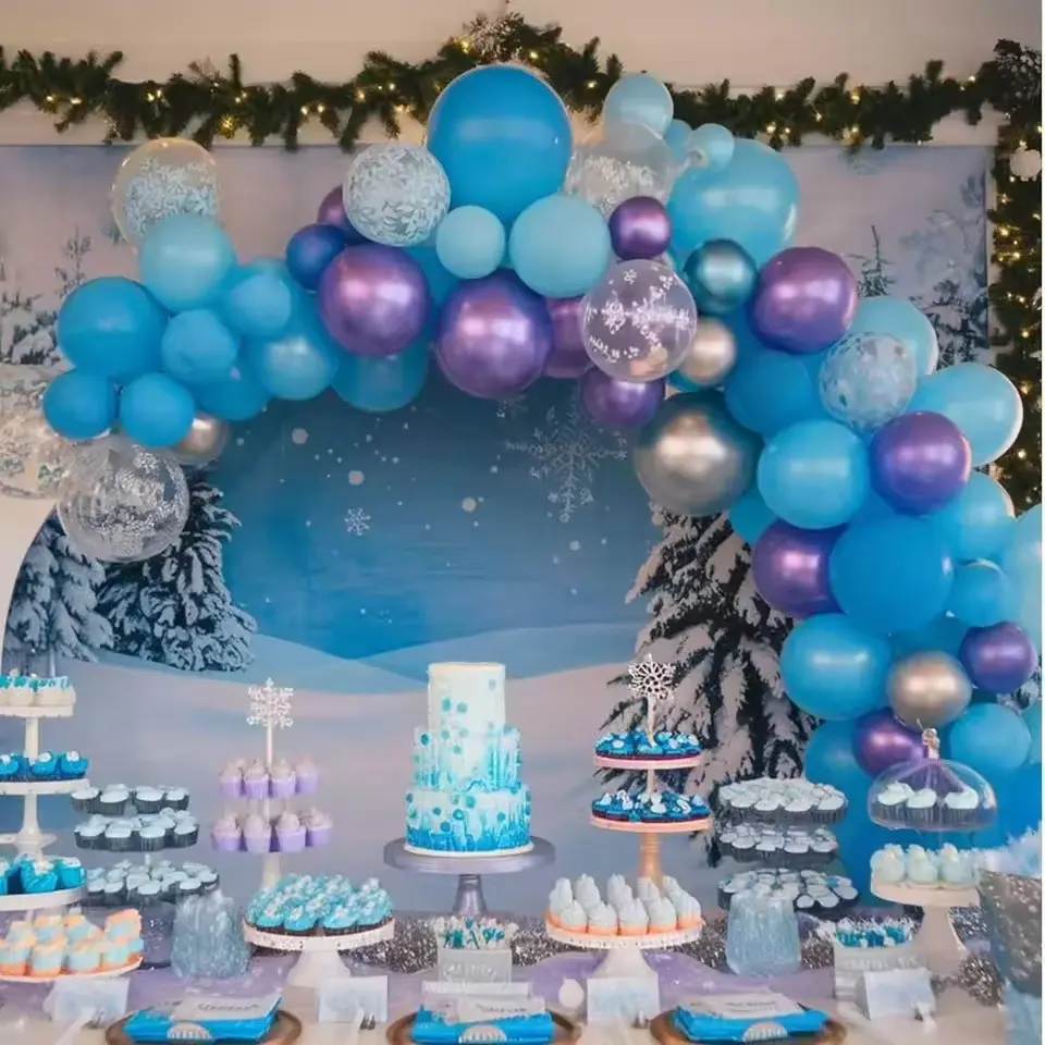 56pcs Snowflake Latex Balloons Set, Winter Theme Blue Silver Color Balloons, Christmas Birthday Party Decoration