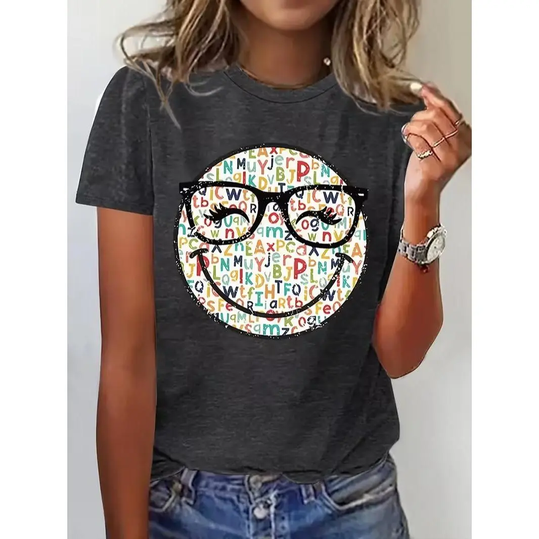 Women's Dark Heather Alphabet Fill Smiley Face With Glasses Graphic Short-Sleeve T-Shirt - Breathable Oversized Round Neck Educator Top for Back to School Haul, Shortsleeve, Trendy Teacher Clothing