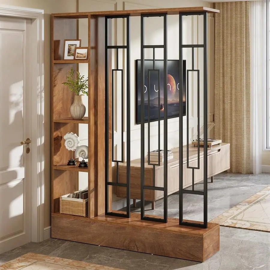 70.9" Height Modern Freestanding Wall Room Divider with Display Shelves, Sturdy Base, Aluminum Alloy Thin Frame & Fabric, 47.2"W x 11.8"D x 70.9"H Brown & Black Wall Partition for Home & Bedroom Privacy