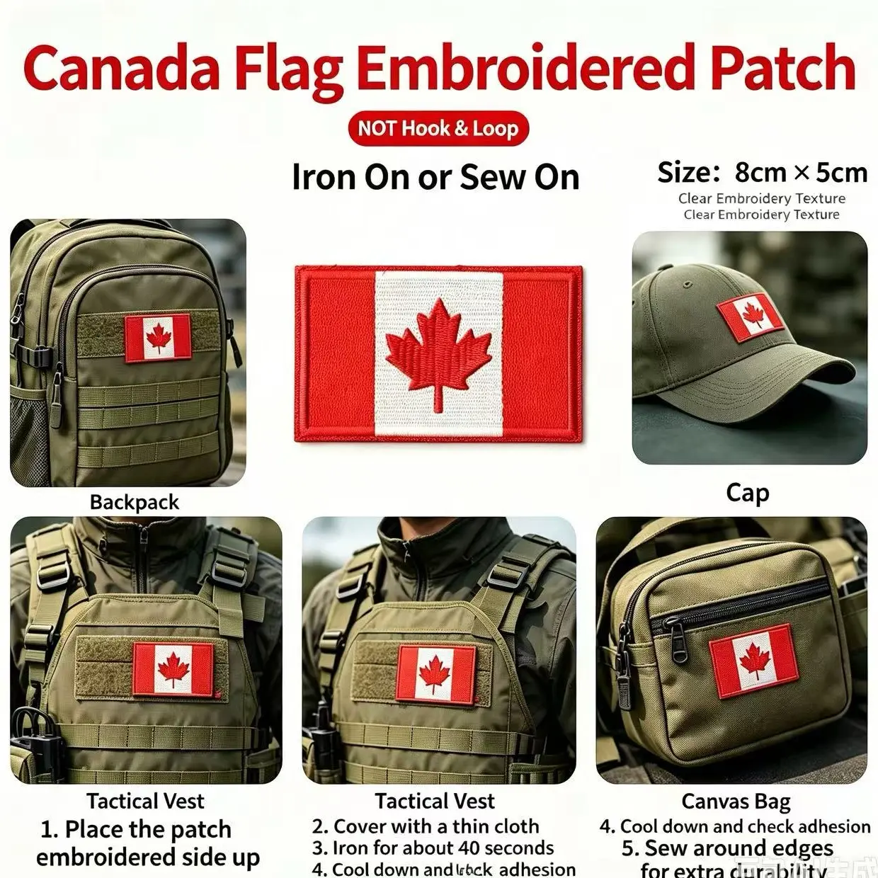 Canadian Flag Motif Iron-On Embroidery Patch - Fabric Badge with Fun Look, Easy to Iron or Sew, Durable, Ideal for Personalizing Jackets/Bags and Gear, Personalize Gear