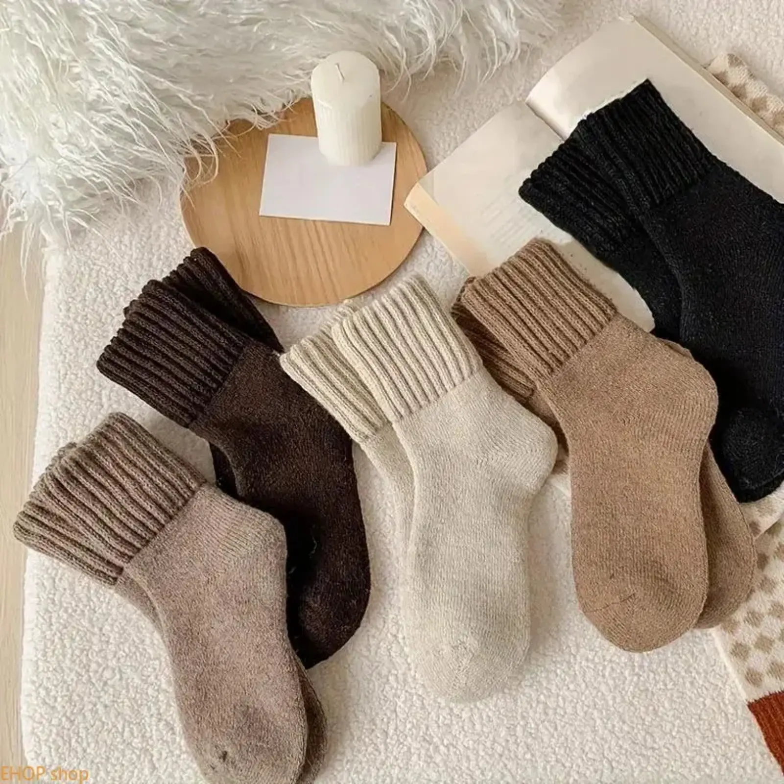 5-Pack Women Ultra Thick Plain Thermal Ankle Socks Ribbed Cuff Mix Neutral Tones Soft Warm Cold Weather Indoor Outdoor Sock Set