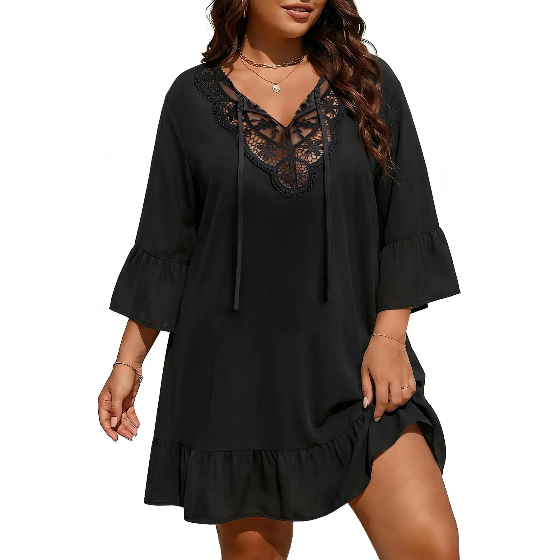 Plus Size Swimsuit Cover Up Women - Lace Crochet V Neck Bathing Suit Cover Up Ruffle Hem Beach Dress