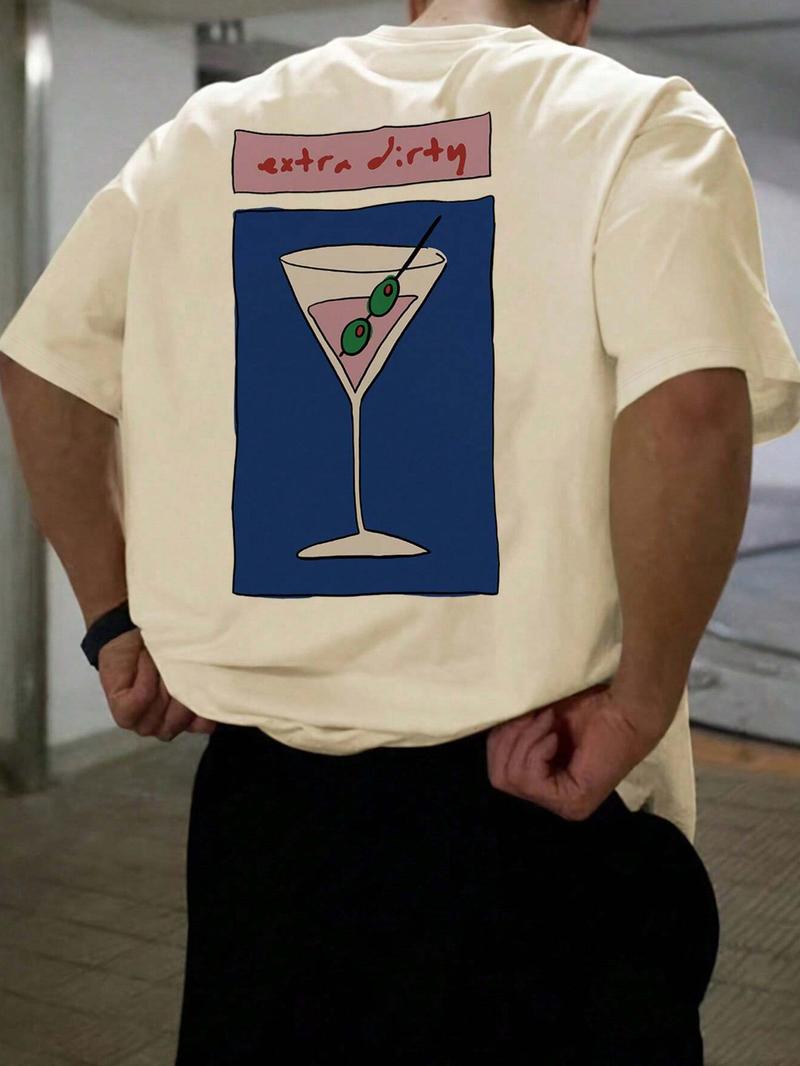Men's Regular Fit Martini Cocktail Print Round Neck Tee, Casual Short Sleeve T-shirt for Summer, Men's Top for Daily Wear, Tropical, Casual Stylish Tee